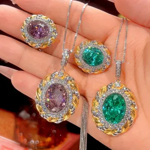 Retro Two Tone Bird Nest Paraiba Green Pendant Necklace Ring For Women Oval Gemstone Rhinestone Inlaid Luxurious Jewelry