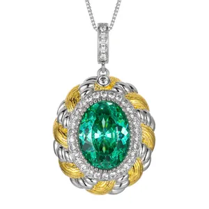 Exquisite two-tone cable twist oval green gemstone pendant necklace luxury detail view.
