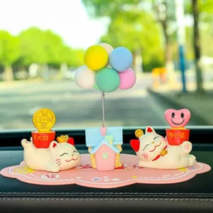 Cute lucky cat car dashboard ornament with colorful balloons and cute house, perfect gift.