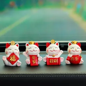 Cute lucky cat car dashboard figurines set, four piece resin mini ornaments detail view.