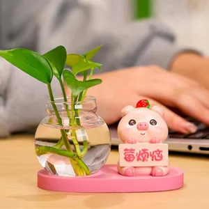 Vase en verre hydroponique de bureau avec joli ornement de cochon en résine, idéal pour le bureau.