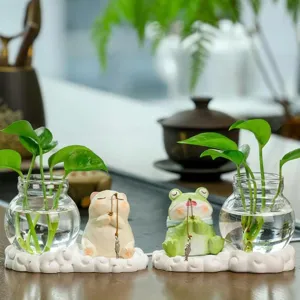 Joli vase en verre hydroponique pour animaux de bureau avec figurines en résine bureau déco