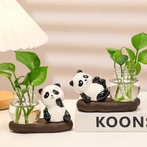Figurines de panda en résine avec vases en verre, idéales pour la décoration de bureau et cadeaux.