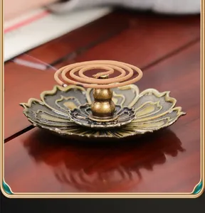 Close-up detail shot of a vintage bronze lotus incense burner with spiral incense burning.