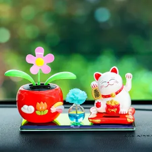 Juego de adorno para tablero de auto solar flor vibrante y gato de la fortuna decoración