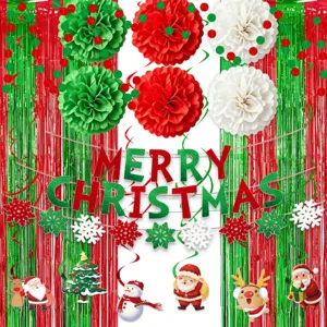 Ensemble de decoration de fete de Noel avec rideaux a franges et pompons en papier et banniere