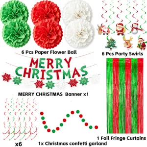 Kit de décoration de fête de Noël avec boules de fleurs en papier et rideaux à franges.
