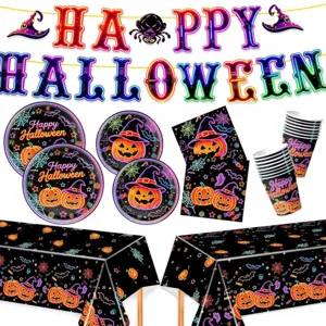 Halloween Party Geschirr Set neongesichter Kürbis Pappteller Becher Servietten Tischdecke
