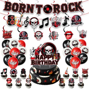 Rock-Themen Party-Dekorationsset mit Banner, Tortenauflegern und Ballons für Geburtstage