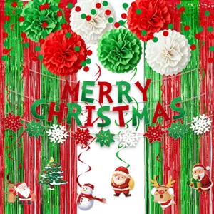 Fournitures de Décoration de Joyeux Noël Avec Pom Poms en Papier Lettres Bannière Suspendue Rideau à Franges en Aluminium Métallique Ballons Guirlande en Spirale Décor