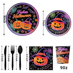 Halloween Neon Party Geschirr Set Pappteller Becher Servietten Gabeln Messer Gruselig Deko