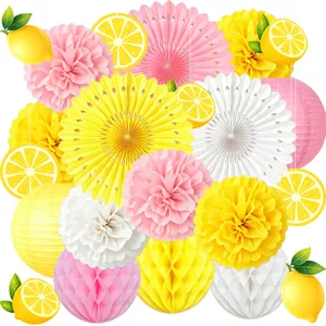 Summer Lemon Theme Party Decoration Set Yellow Pink White Paper Lantern Honeycomb Ball Pom Poms Banner Hanging Decor For Birthday Home