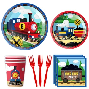 Kids train birthday party tableware set including paper plates cups napkins and red forks.