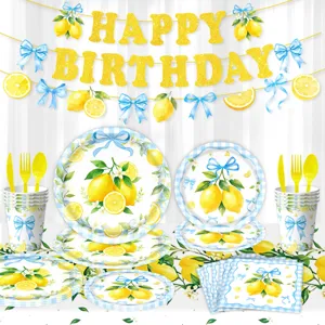 Zitronen Thema Geburtstag Party Einweggeschirr Details, blaue Schleife Druck Papierteller.