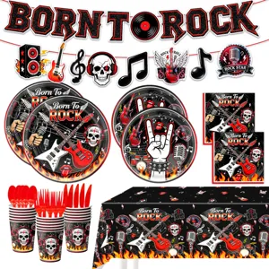 Juego de Vajilla para Fiesta Temática de Esqueleto de Rock Decoraciones para Fiesta de Halloween Platos de Papel Vasos Servilletas Mantel Globos para Cumpleaños