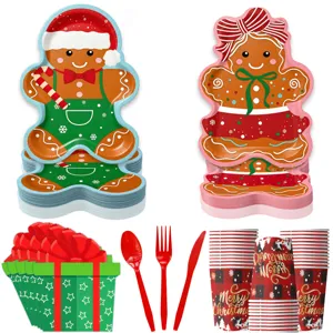 Weihnachtsfeier Lebkuchenmann Papierteller Becher Set mit rotem Besteck für Partydeko