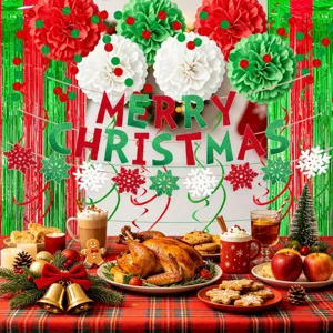 Kit de décoration de fête de Noël avec bannière Merry Christmas, rideaux et pompons.