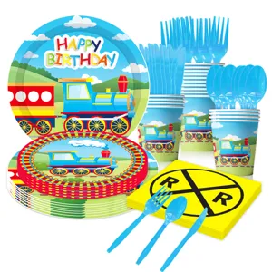Cartoon train birthday party tableware details, showing cute blue paper cups, plates, and cutlery.