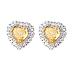Vergoldete Kupfer gelbe Herz High Carbon Diamant Ohrringe Doppelhalo Kristall Schmuck Damen
