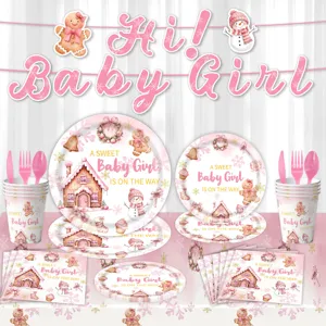 Peperkoek baby feest servies set, wegwerp borden bekers servetten en slinger.