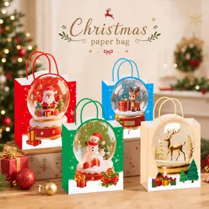 Christmas paper bag festive gift storage bag with 3D snow globe Santa reindeer design
