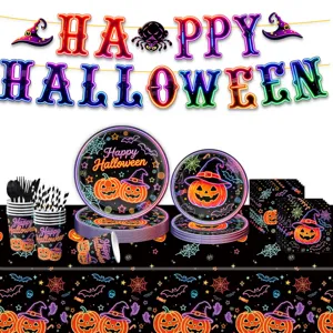 Halloween Party Geschirr Set mit Pappteller Bechern Servietten Tischdecke und Banner.