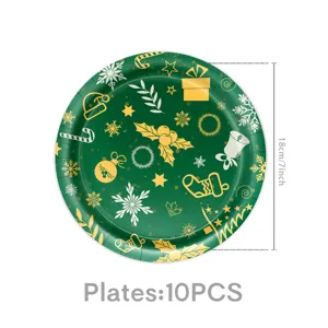 Assiettes en papier jetables de Noël vertes avec flocons dorés pour fête de fin d'année