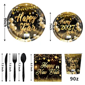 2027 Neujahr Schwarz Gold Party Geschirr Set mit Pappteller Bechern Servietten und Besteck.