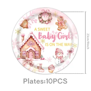 Roze peperkoekhuis baby shower papieren borden 9 inch wegwerp feestelijk servies set