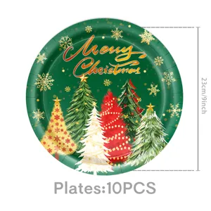 Weihnachten Einweg Pappteller mit grünem Tannenbaum Muster, 23cm Party Geschirr Set neu.