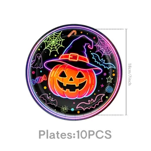 Halloween Neon Kürbis Papierteller 18cm Party Geschirr 10Stk Gruseliges Fest Zubehör