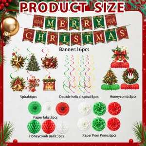 Weihnachtsparty Dekorationsset mit Bannern Papierpompons Spiralen und Wabenbällen Zubehör