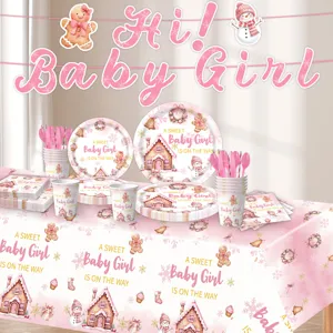 Peperkoek baby meisje feest servies papieren borden kopjes tafelkleed banner set