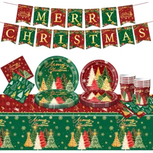 Weihnachten Party Einweggeschirr Set mit Pappteller Becher Servietten Tischdecke Banner.