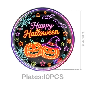 Halloween Neon Kürbis Pappteller, 23cm Party Geschirr 10er Set für festliche Halloween Feiern.