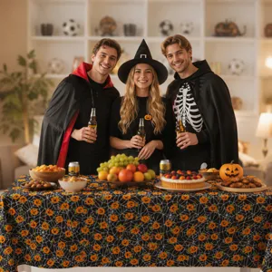 Halloween disposable tablecloth with pumpkin and skeleton print, waterproof and oilproof for party decoration use.