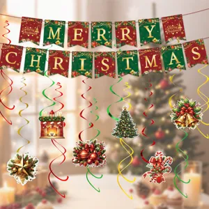 Weihnachtsfeier Hänge-Dekorationsset mit Buchstabenbanner und Spirale-Hängedekoration für Zuhause.