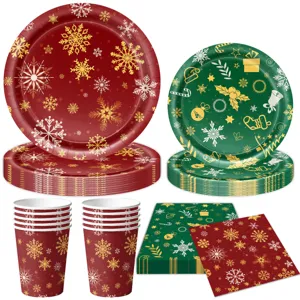Set vaisselle jetable de Noël assiettes gobelets serviettes rouge vert flocon noël
