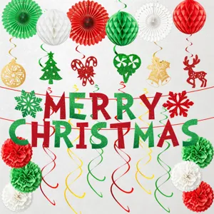 Conjunto de decoracion colgante para fiesta de Navidad con abanicos y bolas de papel.