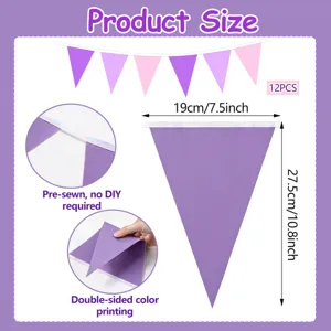 Purple and pink triangle banner garland 12pcs, pre-sewn birthday party hanging decor.