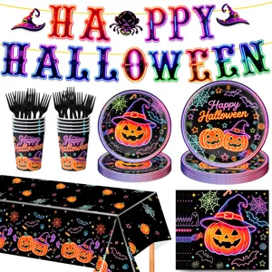 Halloween Party Neon Stil Einweggeschirr Teller Becher Tischtuch Banner Party Set.