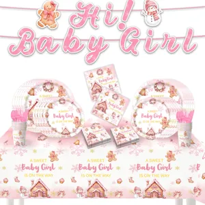 Peperkoek huisje babyshower meisje wegwerp servies set tafelkleed banner decoratie