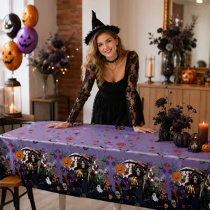 Halloween disposable tablecloth with pumpkin and skull print, waterproof party decor supplies.
