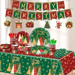 Weihnachtsbaum Partygeschirr Set mit Pappteller Bechern Tischdecke und Banner Dekorationen.