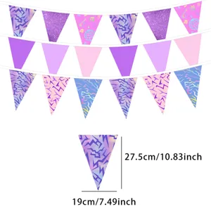 Close-up detail of the purple and pink holographic party pennant banner with dimensions.