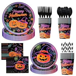 Halloween Party Geschirr Set Detail, Neonglow Kürbis Spinnennetz Muster Pappteller Becher.