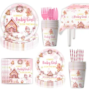 Feest Wegwerp Servies Set Baby Shower Peperkoek Huis Roze Bordjes Bekers Servetten