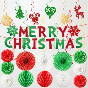 Detalles del set de decoración navideña con abanicos de papel rojos, verdes y pancarta.