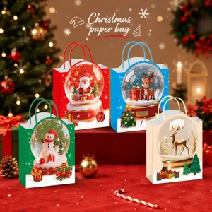 12 Pcs Christmas Paper Gift Bags With Handles Kraft Paper Santa Claus Snowman Reindeer Printed Snow Globe Holiday Treat Bags Decor