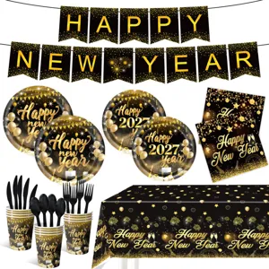 Schwarz Gold 2027 Frohes Neues Jahr Party Dekorationen Zubehör Geschirr Teller Tassen Servietten Tischdecke Banner Luftballons Kuchenaufsätze Eve Dekor